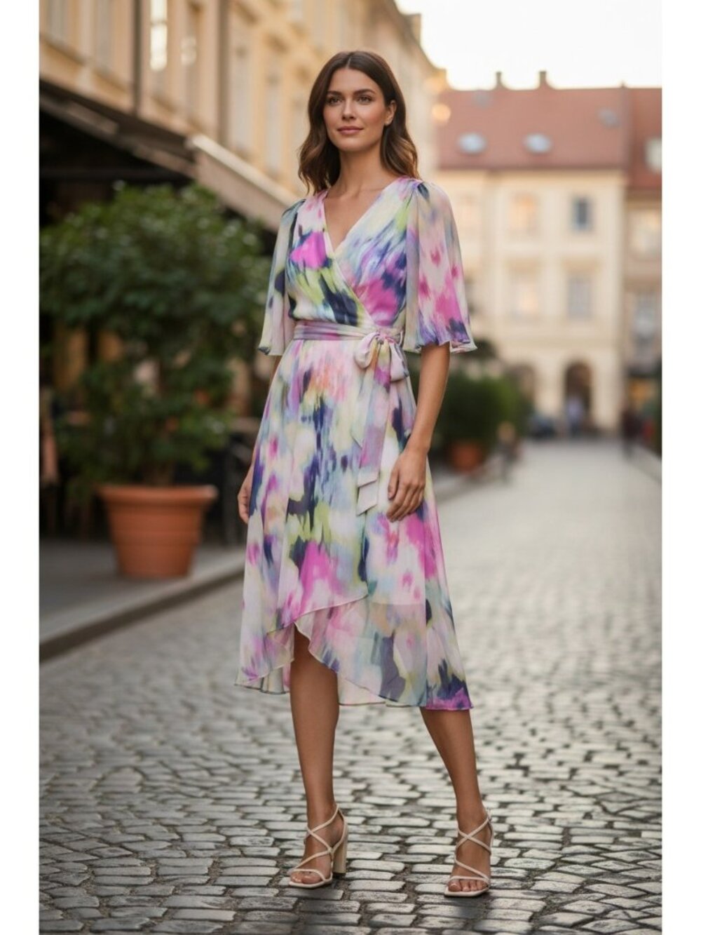 DKNY  Womens Size 6 Chiffon Floral Print Faux Wrap Dress Romantic Wedding Guest